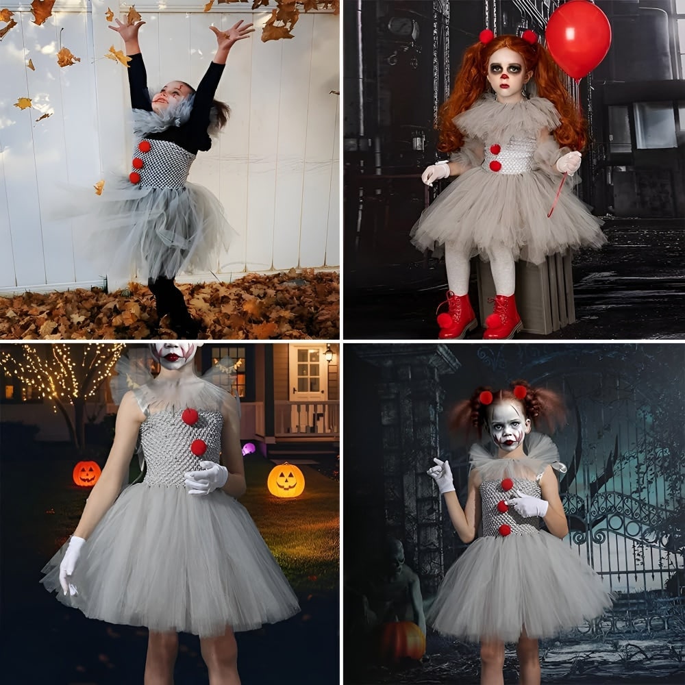 Halloween Clown Costume Outfit Dress with Tutu Collar Gloves and Hair Clips Accessories Set - Image 4