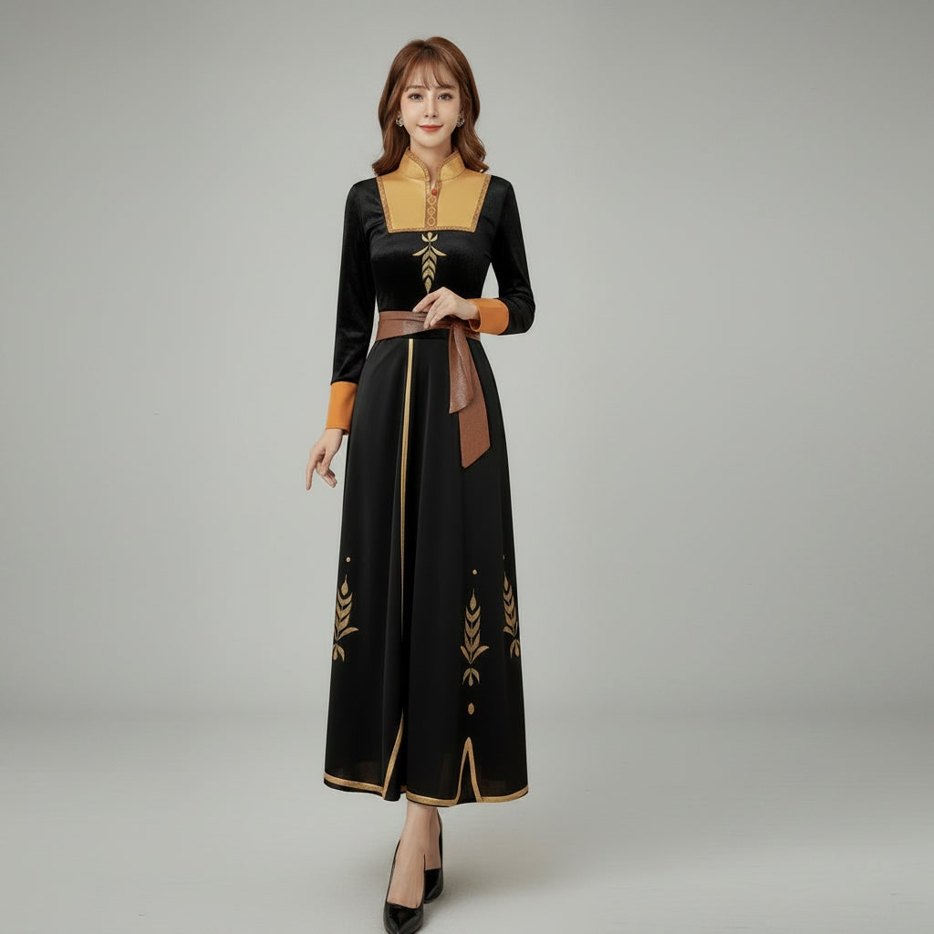 Halloween Cosplay Costume Princess Dress with Cape and Gold Embroidery - Image 1