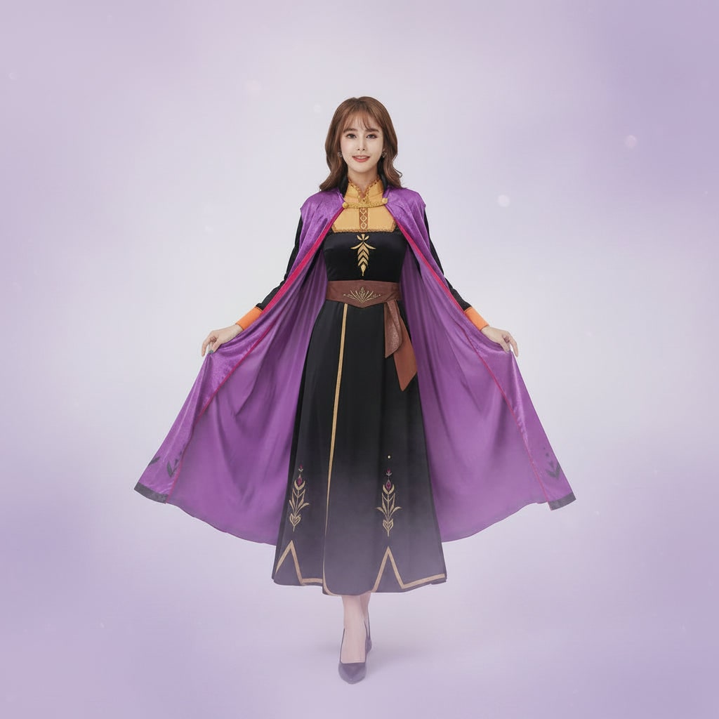 Halloween Cosplay Costume Princess Dress with Cape and Gold Embroidery - Image 2
