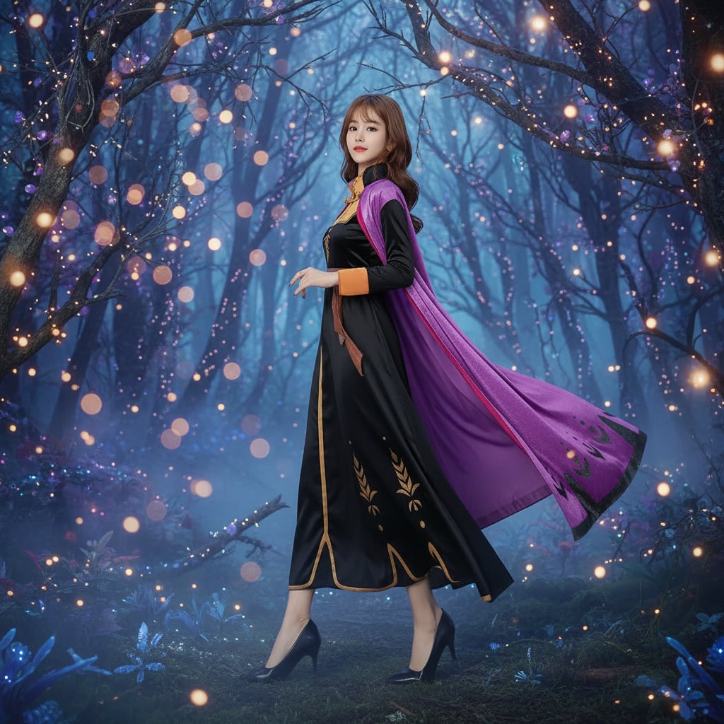 Halloween Cosplay Costume Princess Dress with Cape and Gold Embroidery - Image 5
