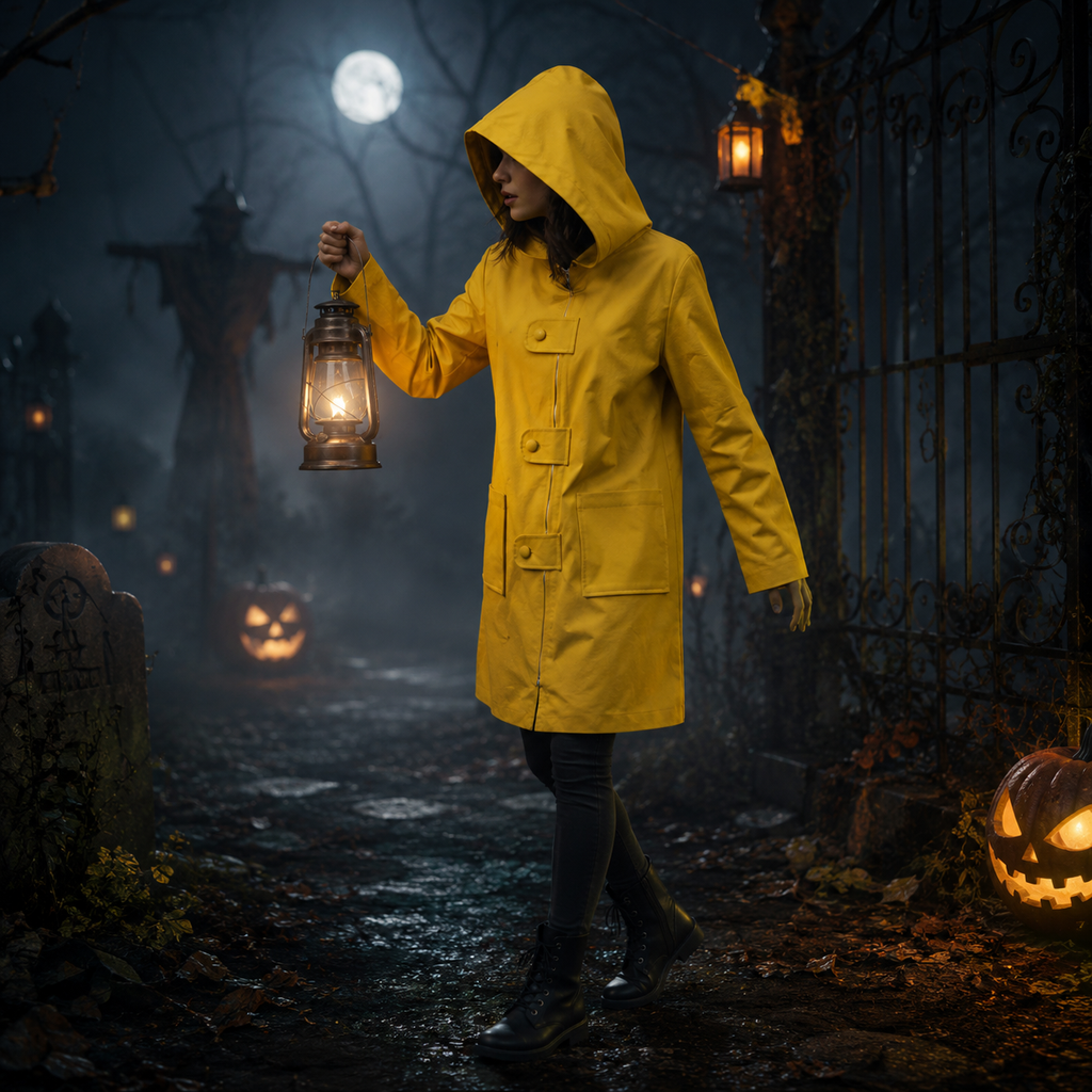 Halloween Cosplay Costume Yellow Hooded Raincoat Jacket with Zipper and Pockets - Image 2