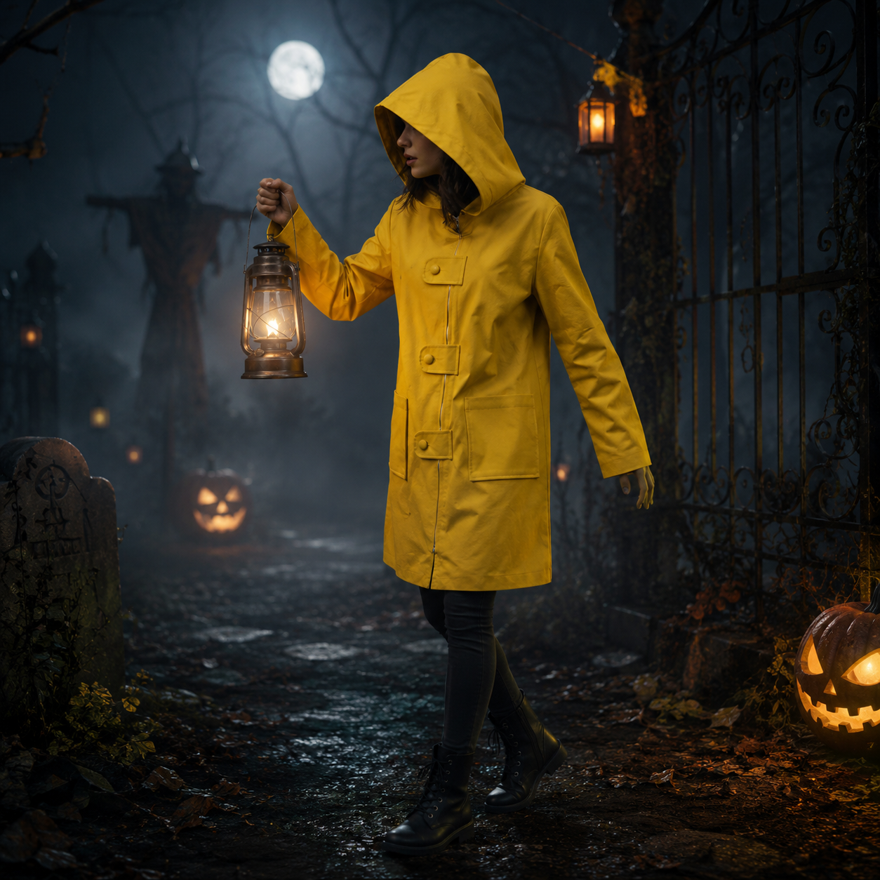 Halloween Cosplay Costume Yellow Hooded Raincoat Jacket with Zipper and Pockets - Image 2