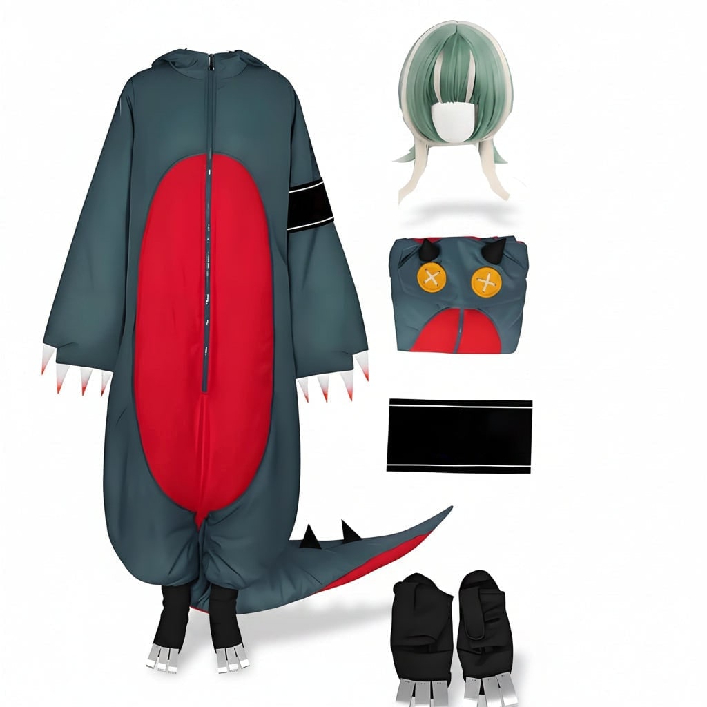 Halloween Cosplay Dinosaur Onesie Costume with Wig and Shoe Covers for Party and Roleplay - Image 3