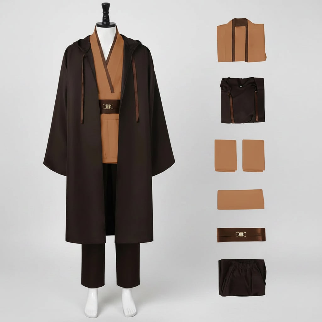 Halloween Cosplay Jedi Robe Costume with Hooded Tunic and Wide Sash Belt for Obi Wan Knight - Image 1