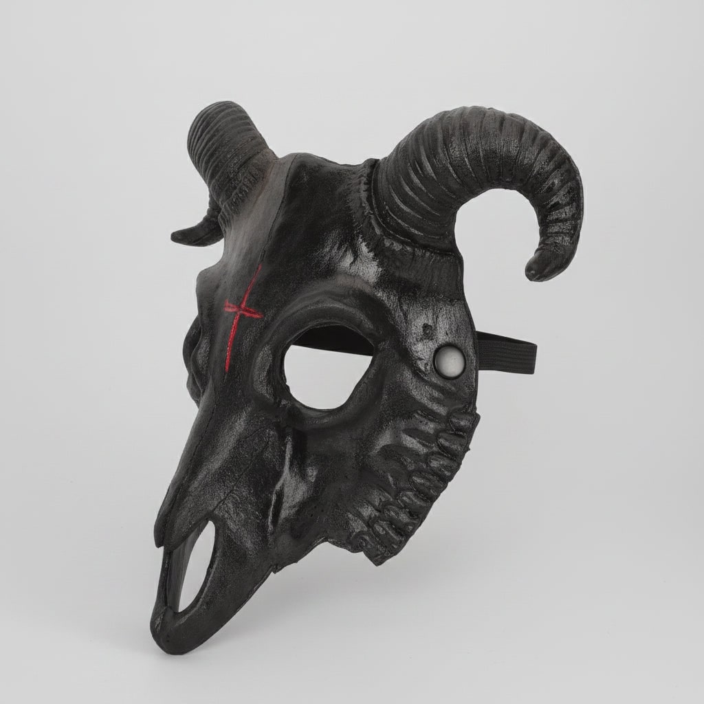 Halloween Costume Skull Mask Goat Design with Horns and Red Cross for Party and Haunted House - Image 1