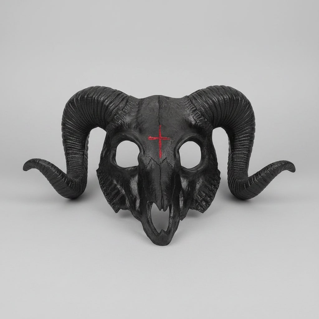 Halloween Costume Skull Mask Goat Design with Horns and Red Cross for Party and Haunted House - Image 2