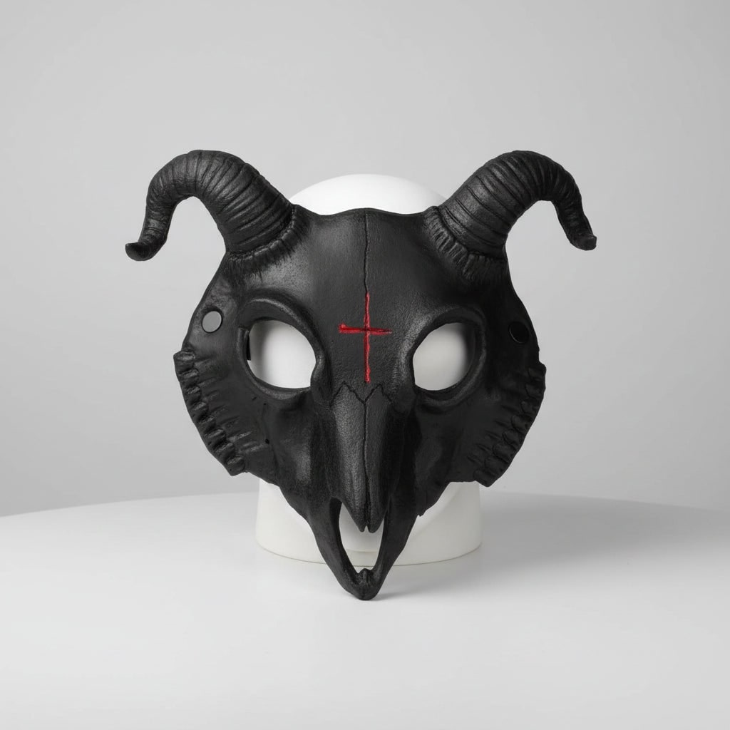 Halloween Costume Skull Mask Goat Design with Horns and Red Cross for Party and Haunted House - Image 3