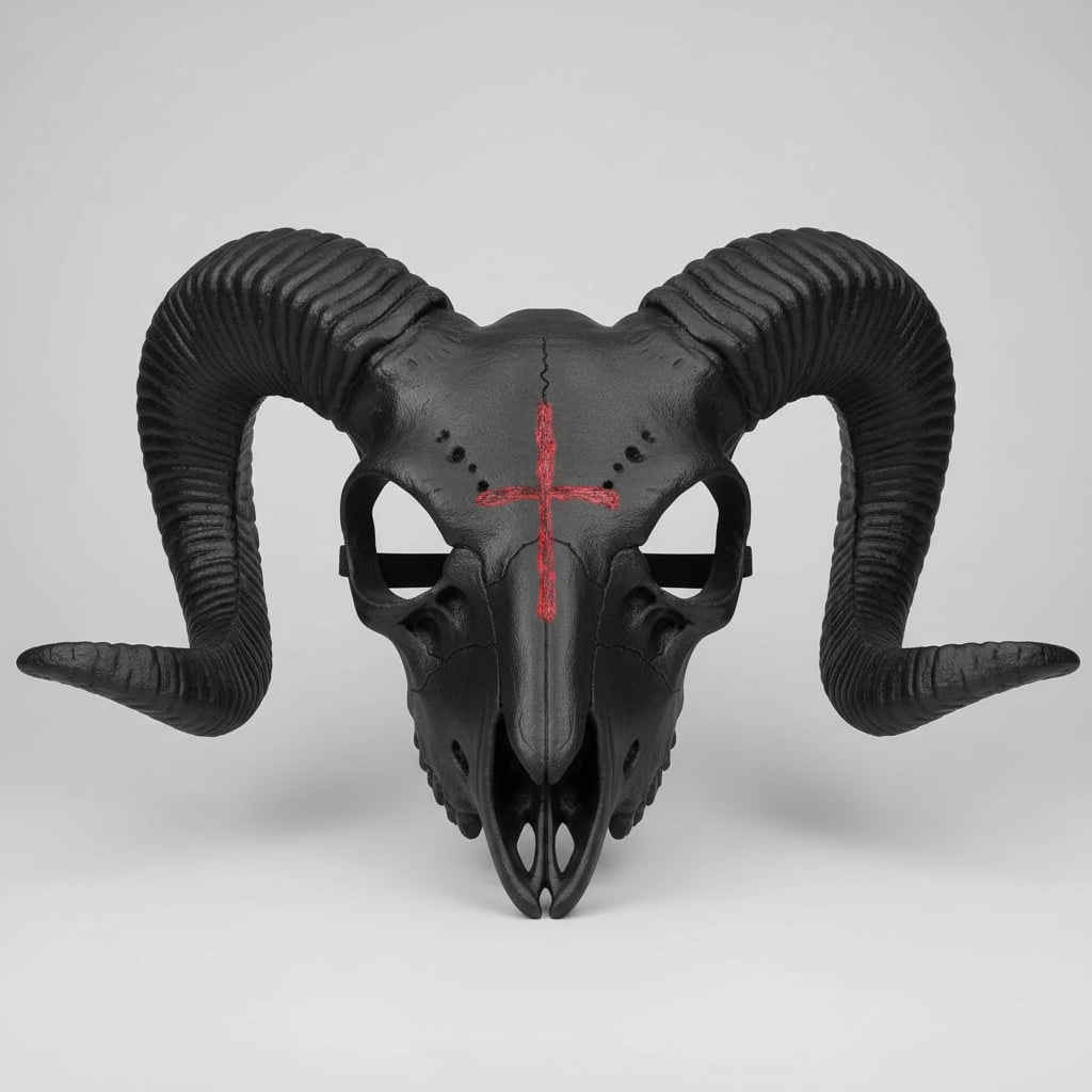 Halloween Costume Skull Mask Goat Design with Horns and Red Cross for Party and Haunted House - Image 4