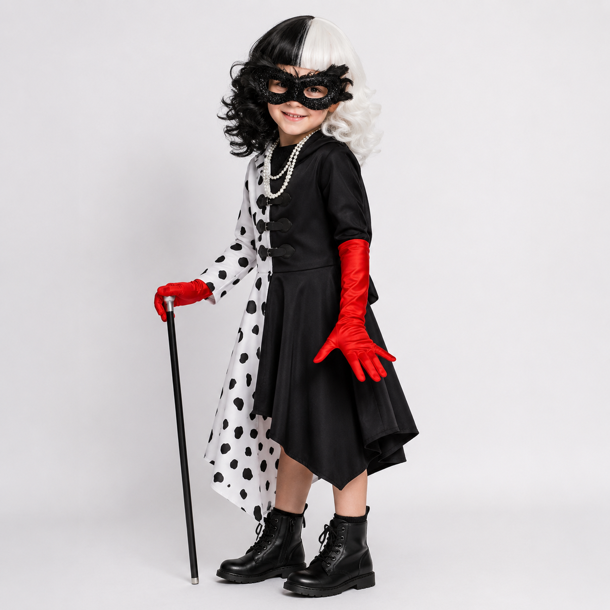 Halloween Cruella Costume Dress with Spotted Cape Hood and Dalmatian Print for Party Cosplay - Image 1