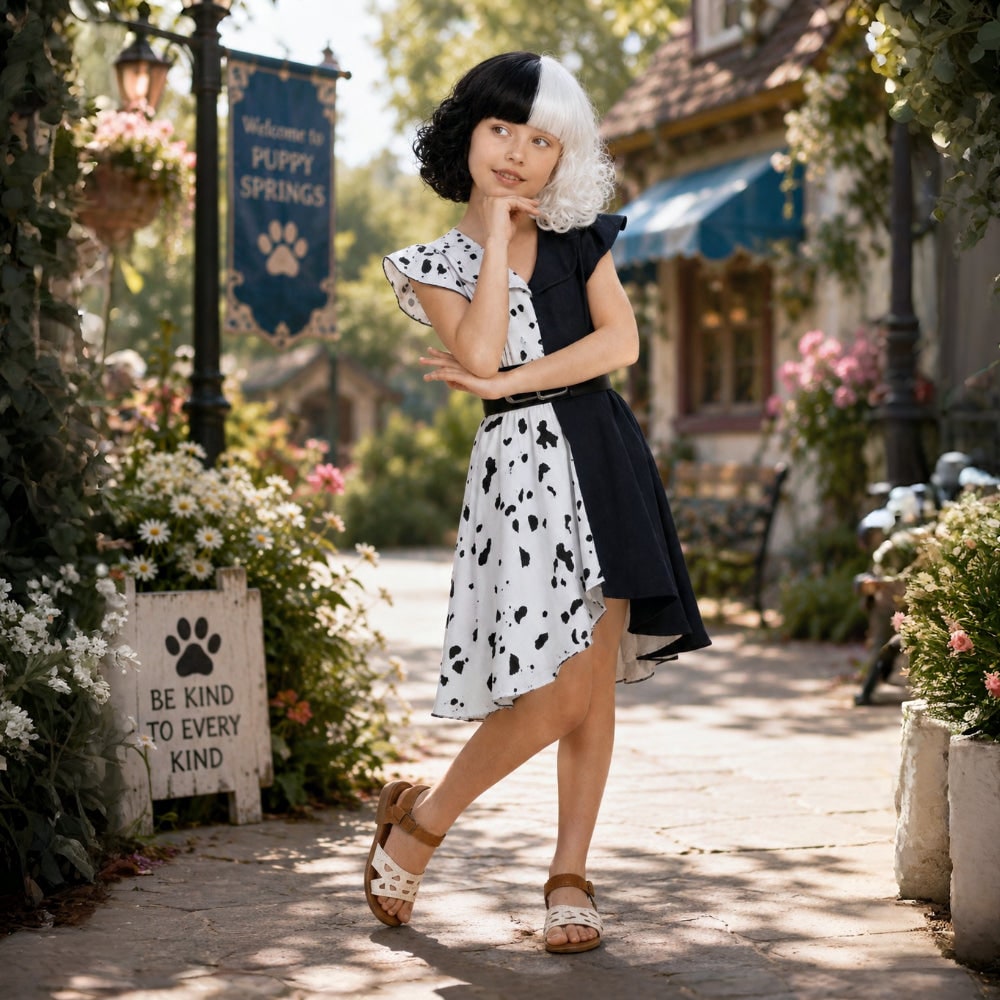 Halloween Cruella De Vil Costume for Children with Spotted Cape and Wig - Image 1