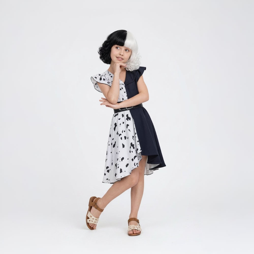 Halloween Cruella De Vil Costume for Children with Spotted Cape and Wig - Image 2
