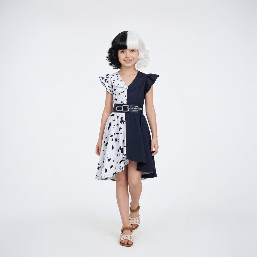 Halloween Cruella De Vil Costume for Children with Spotted Cape and Wig - Image 3