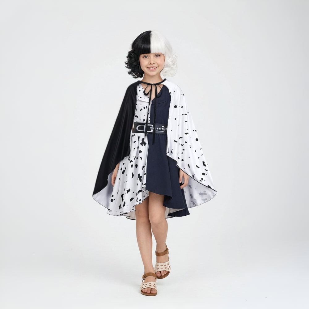 Halloween Cruella De Vil Costume for Children with Spotted Cape and Wig - Image 4
