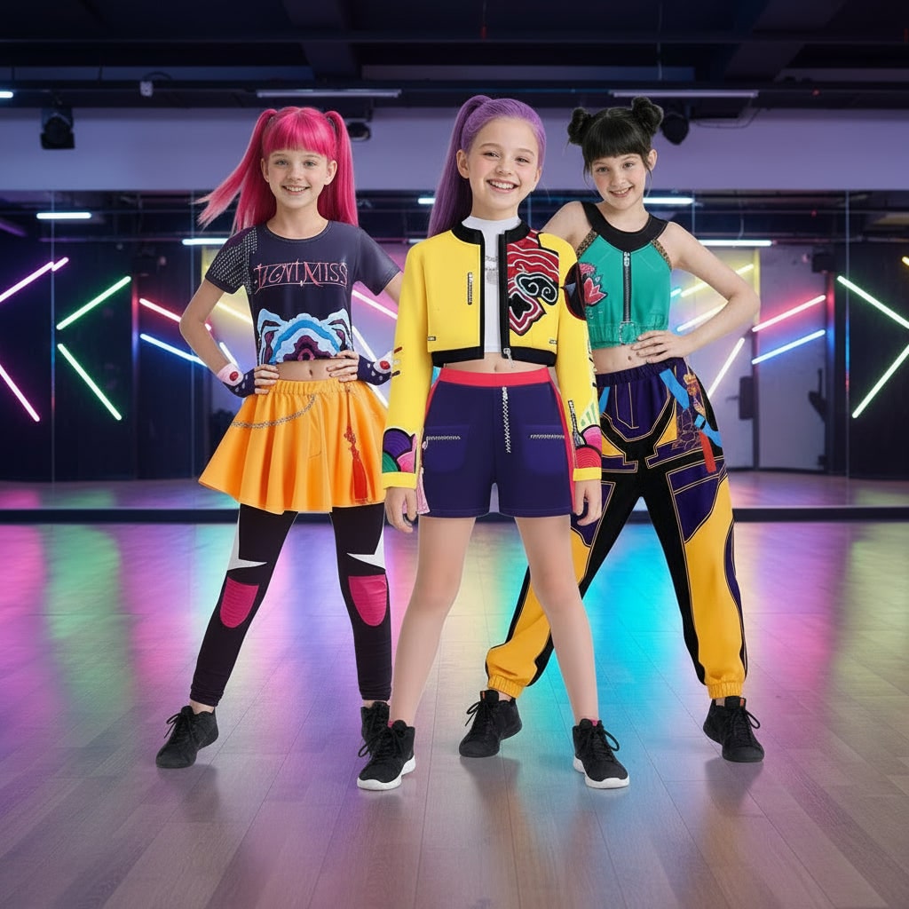 Halloween Dance Costume with Graphic Print Crop Top Pleated Skirt and Bomber Jacket - Image 1