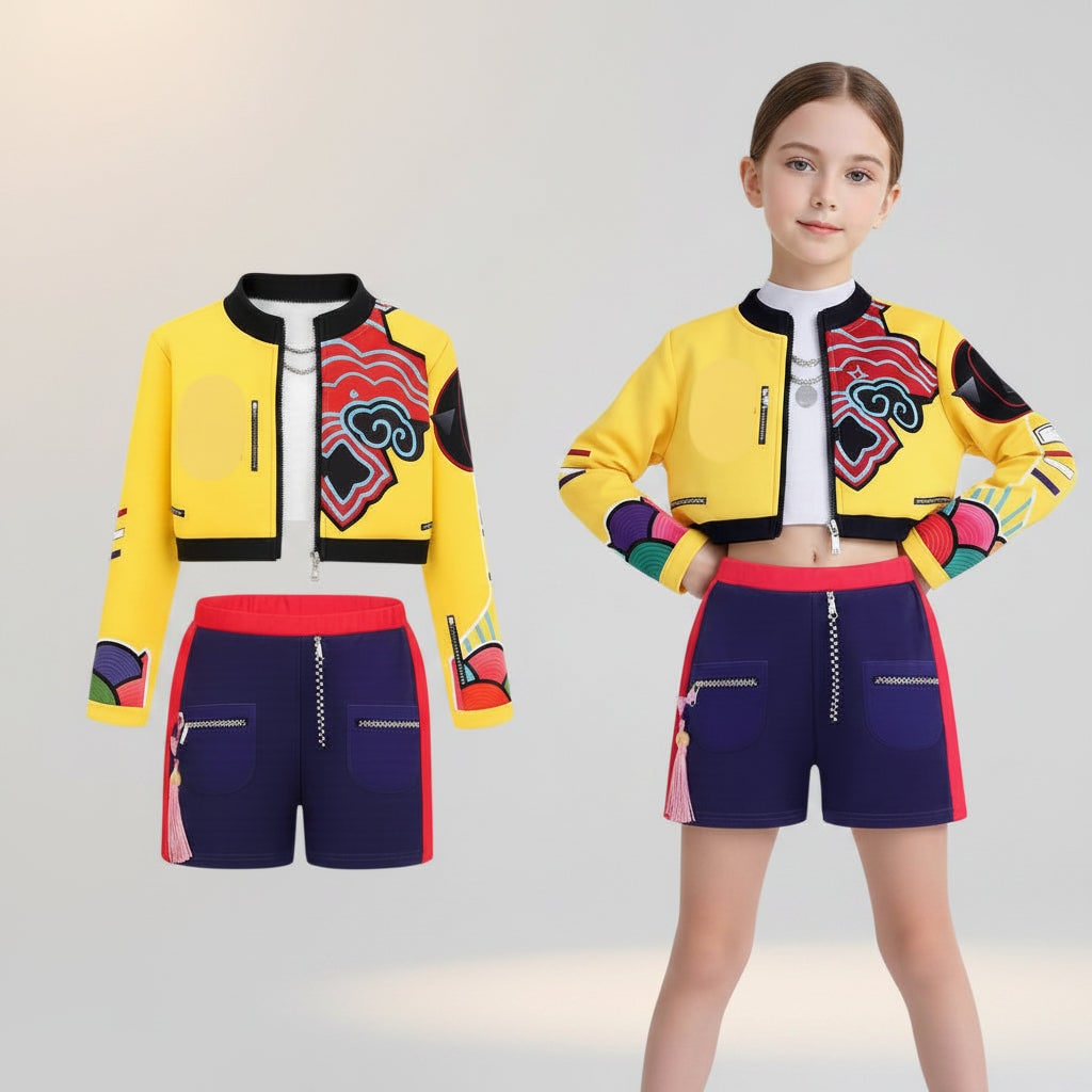 Halloween Dance Costume with Graphic Print Crop Top Pleated Skirt and Bomber Jacket - Image 2