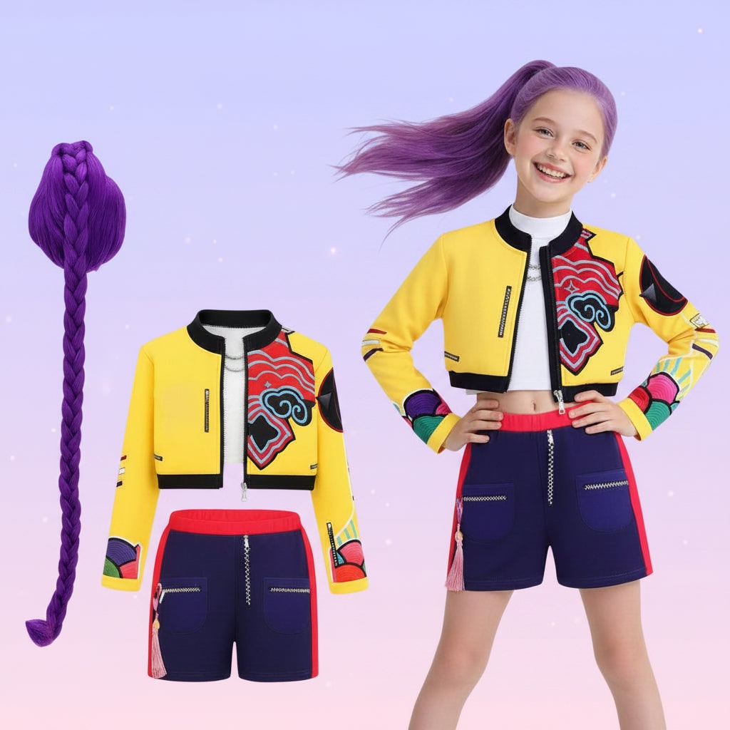 Halloween Dance Costume with Graphic Print Crop Top Pleated Skirt and Bomber Jacket - Image 3