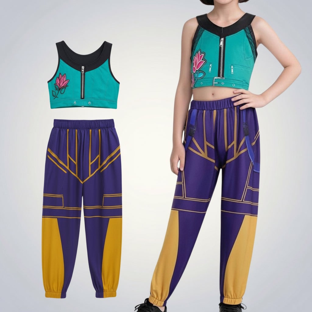 Halloween Dance Costume with Graphic Print Crop Top Pleated Skirt and Bomber Jacket - Image 6