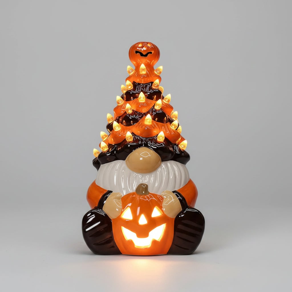 Halloween Decor Ceramic Gnome with Jack-O-Lantern LED Lights for Party Decorations - Image 1