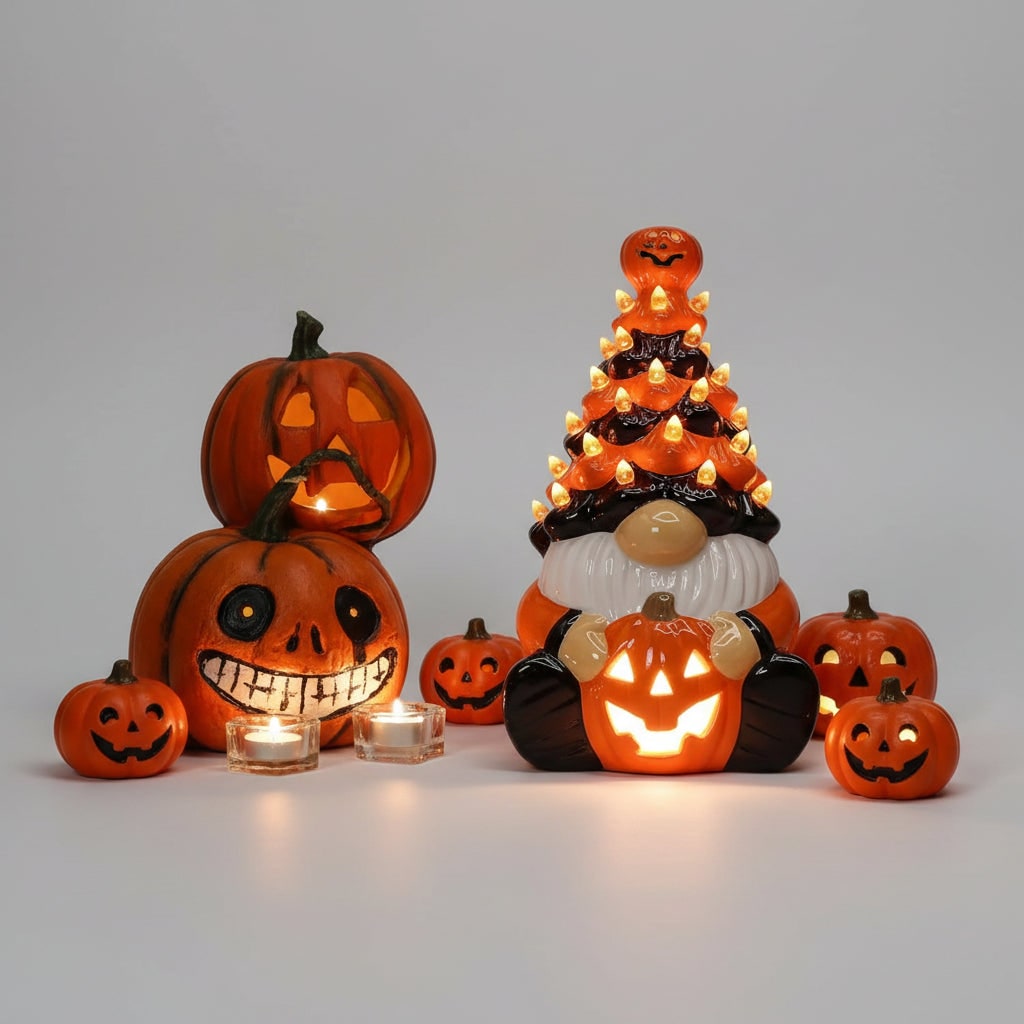 Halloween Decor Ceramic Gnome with Jack-O-Lantern LED Lights for Party Decorations - Image 2