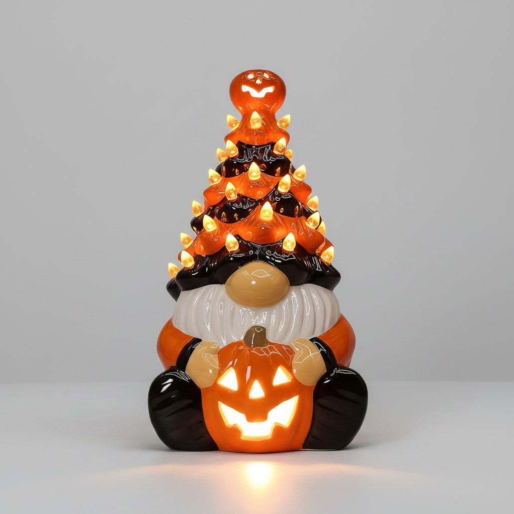 Halloween Decor Ceramic Gnome with Jack-O-Lantern LED Lights for Party Decorations - Image 3