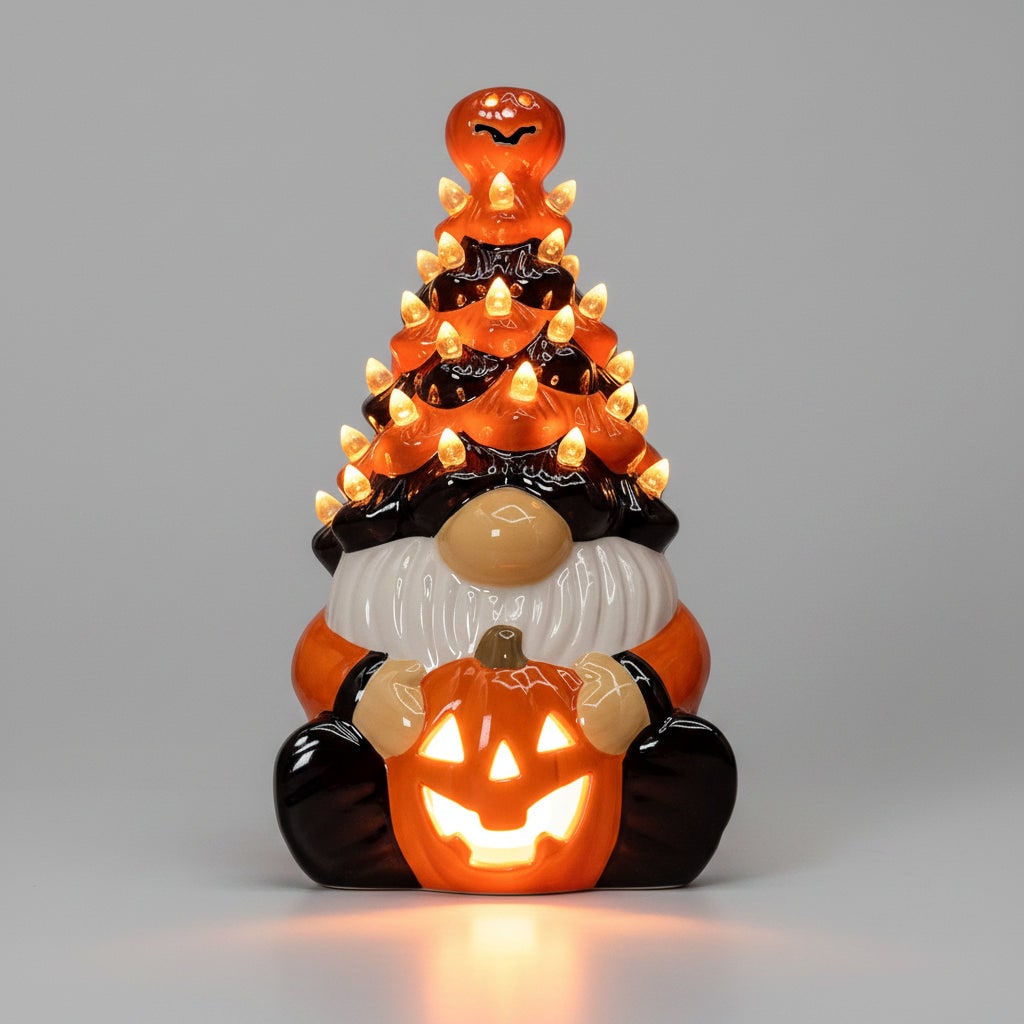 Halloween Decor Ceramic Gnome with Jack-O-Lantern LED Lights for Party Decorations - Image 4