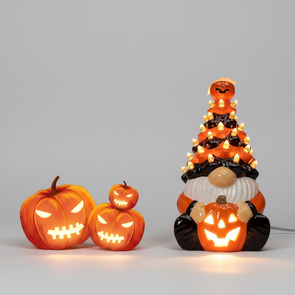 Halloween Decor Ceramic Gnome with Jack-O-Lantern LED Lights for Party Decorations - Image 5