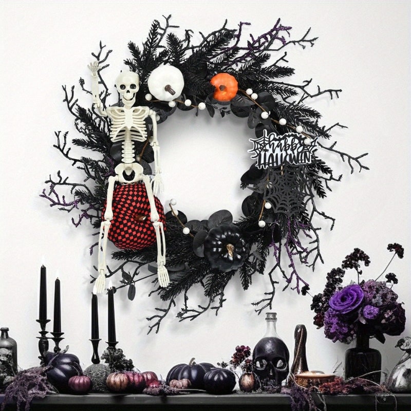Halloween Door Wreath with Skeleton and Pumpkins for Party Decoration Jack O Lantern - Image 2