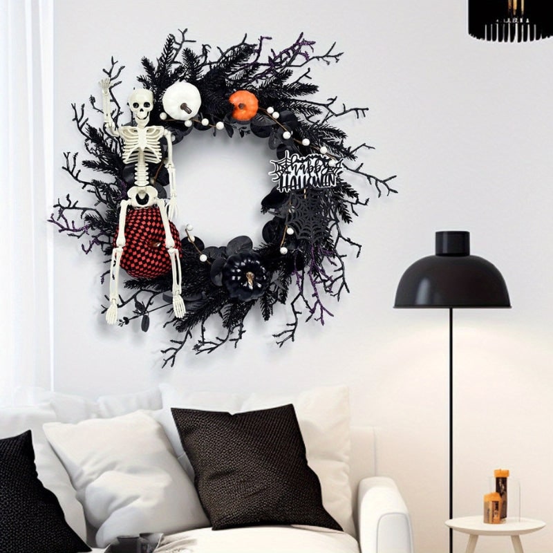 Halloween Door Wreath with Skeleton and Pumpkins for Party Decoration Jack O Lantern - Image 3