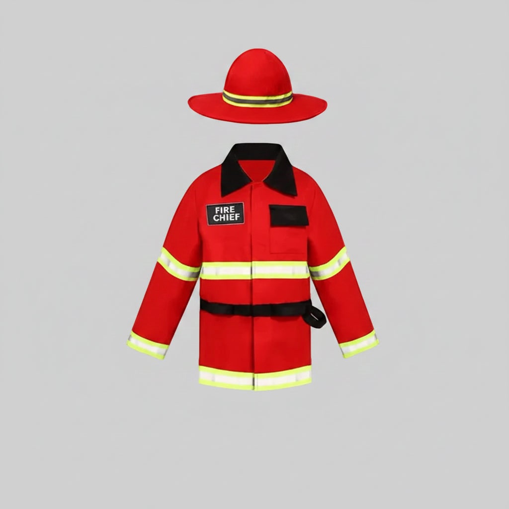 Halloween Firefighter Costume Outfit with Reflective Stripes and Fire Truck Design - Image 1