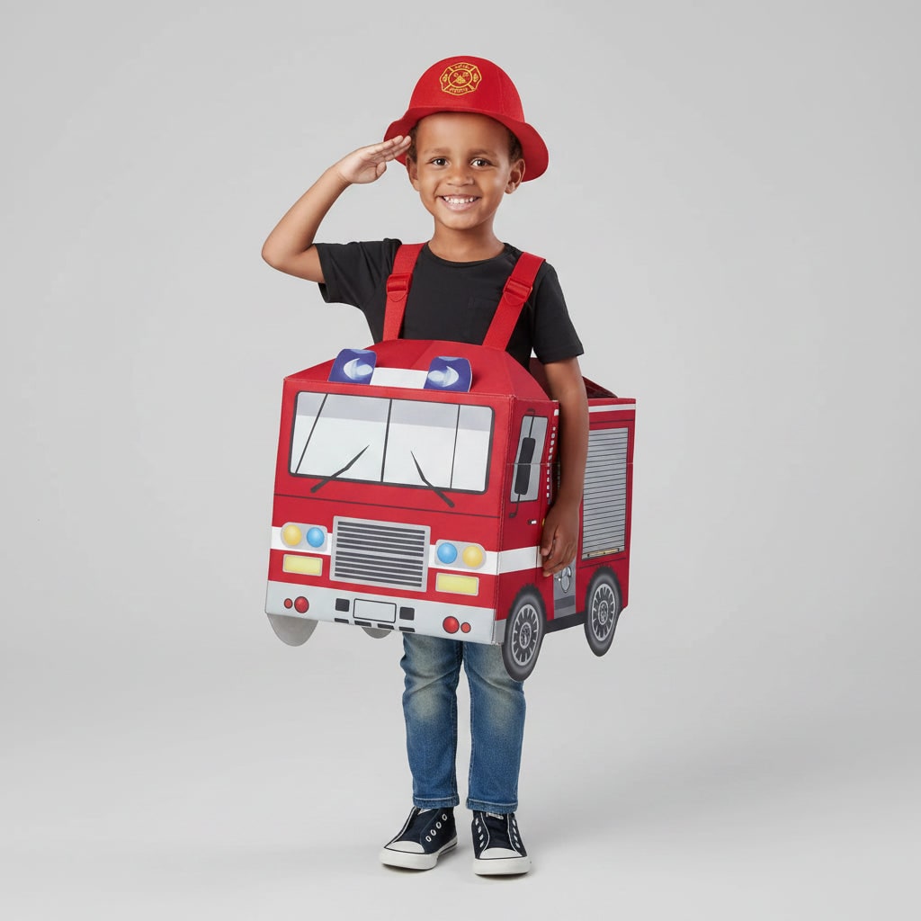 Halloween Firefighter Costume Outfit with Reflective Stripes and Fire Truck Design - Image 3
