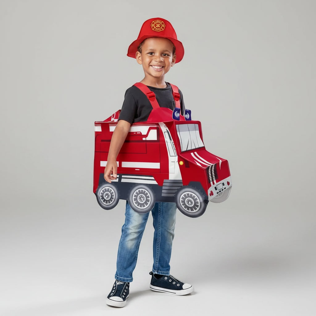 Halloween Firefighter Costume Outfit with Reflective Stripes and Fire Truck Design - Image 4