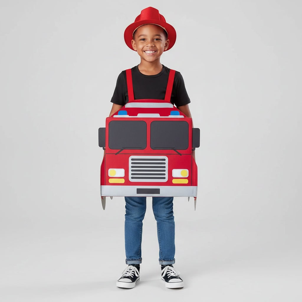 Halloween Firefighter Costume Outfit with Reflective Stripes and Fire Truck Design - Image 6