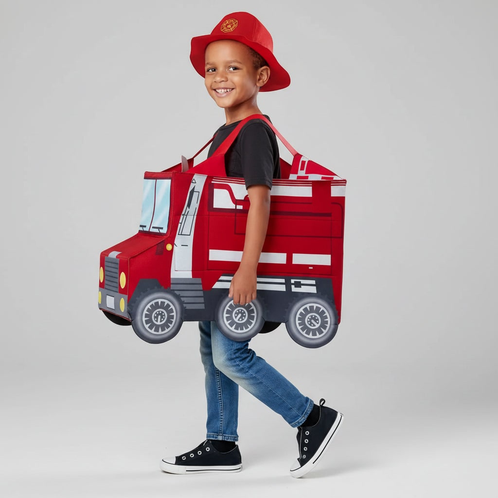 Halloween Firefighter Costume Outfit with Reflective Stripes and Fire Truck Design - Image 7