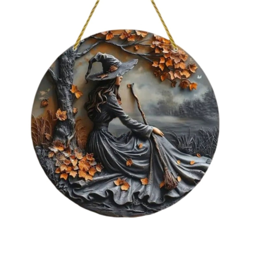 Halloween Front Door Decor Sign with 3D Witch Relief Hanging Decoration for Outdoor and Indoor - Image 3
