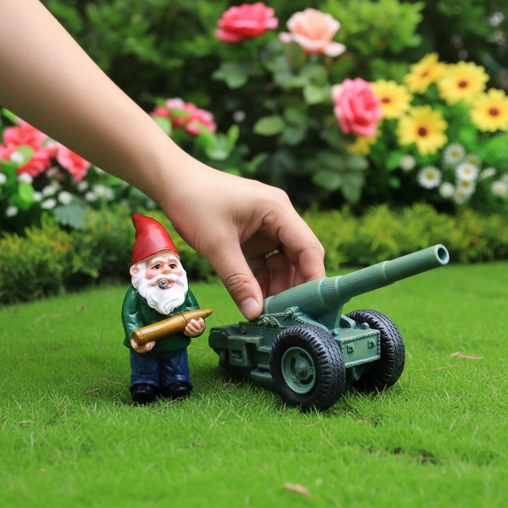 Halloween Garden Gnome Figurine and Cannon Resin Statue Set with Funny Smoking Design - Image 1
