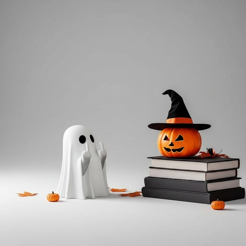 Halloween Ghost Decor Figurine with Middle Finger Gesture Tabletop Statue Face Pumpkin Carve - Image 4
