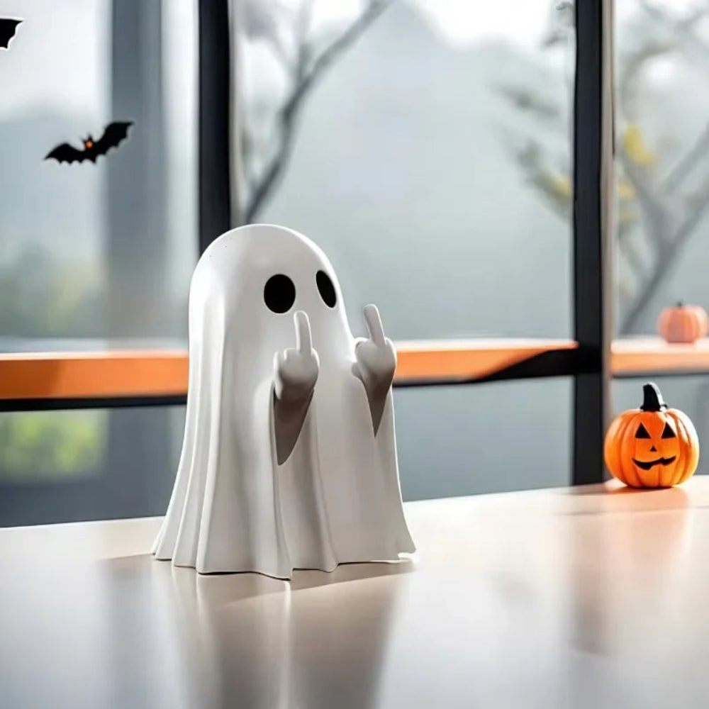 Halloween Ghost Decorations Figurine with Middle Finger Gesture and Resin Base for Tabletop Display - Image 1