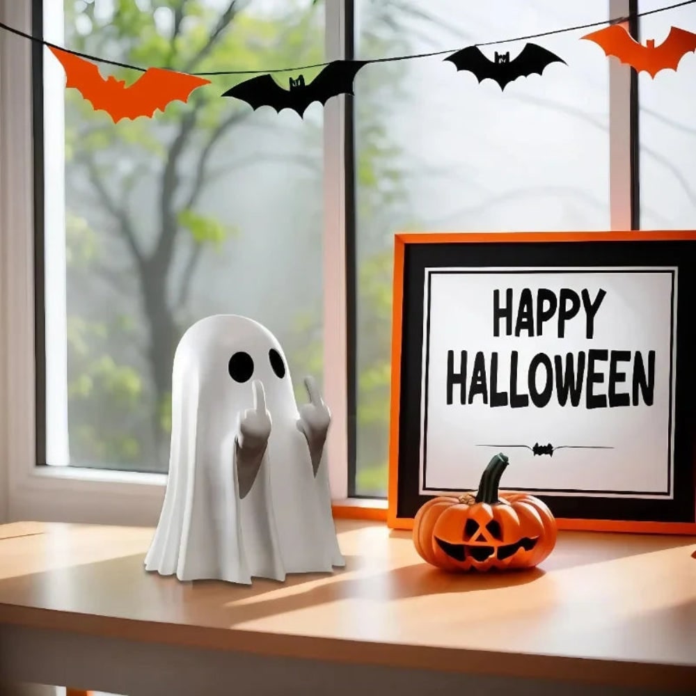 Halloween Ghost Decorations Figurine with Middle Finger Gesture and Resin Base for Tabletop Display - Image 2