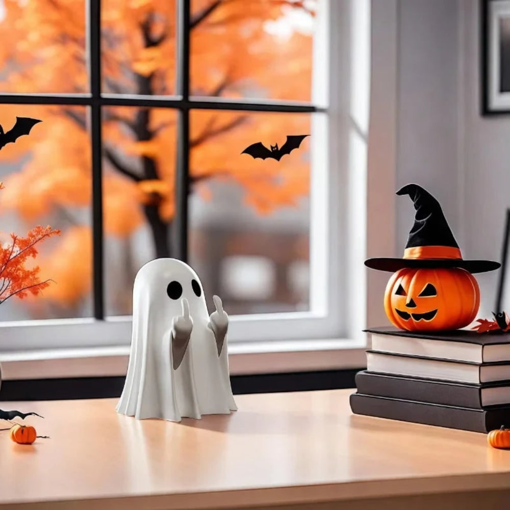 Halloween Ghost Decorations Figurine with Middle Finger Gesture and Resin Base for Tabletop Display - Image 3