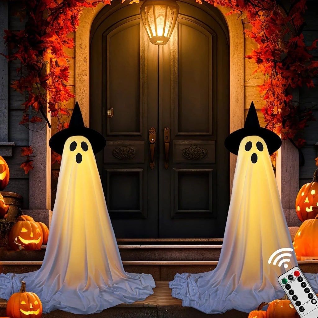 Halloween Ghost Decorations Outdoor with LED Lights and Witch Hats for Yard and Party Display - Image 2