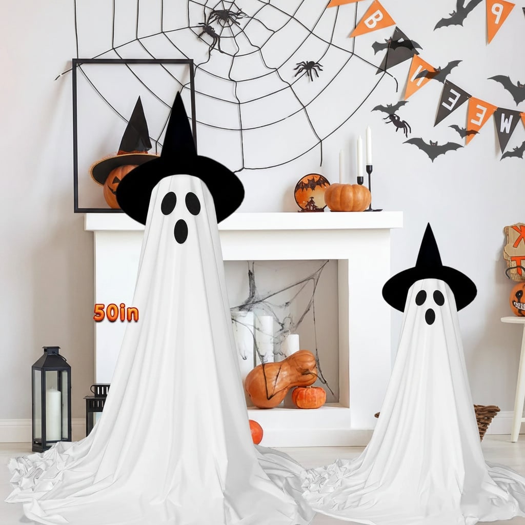 Halloween Ghost Decorations Outdoor with LED Lights and Witch Hats for Yard and Party Display - Image 3