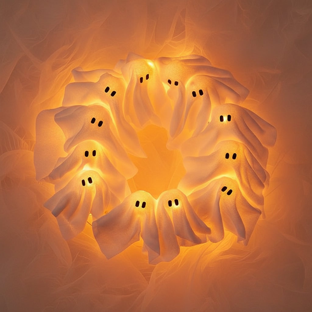 Halloween Ghost Wreath with LED Lights Black Door for Outdoor Decoration and Party - Image 1
