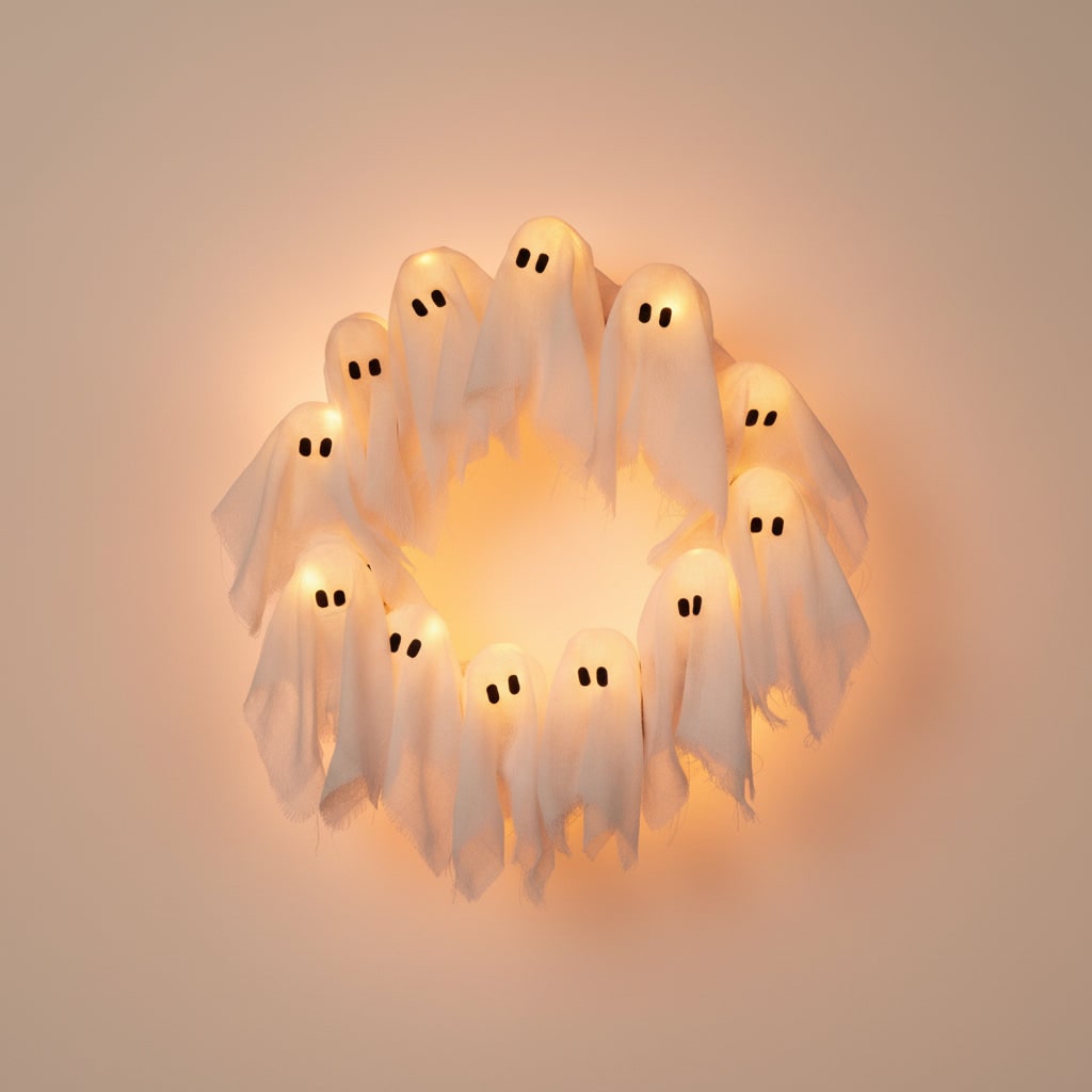 Halloween Ghost Wreath with LED Lights Black Door for Outdoor Decoration and Party - Image 2