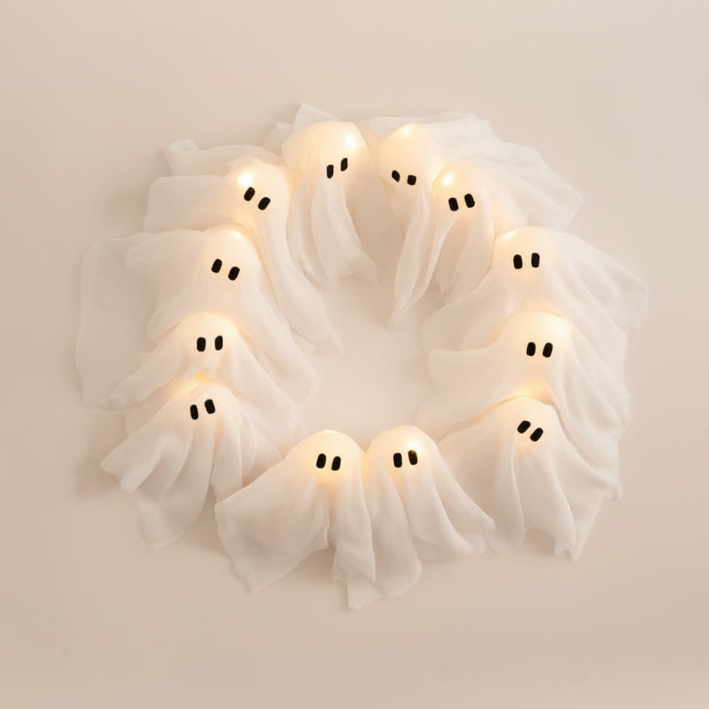 Halloween Ghost Wreath with LED Lights Black Door for Outdoor Decoration and Party - Image 3