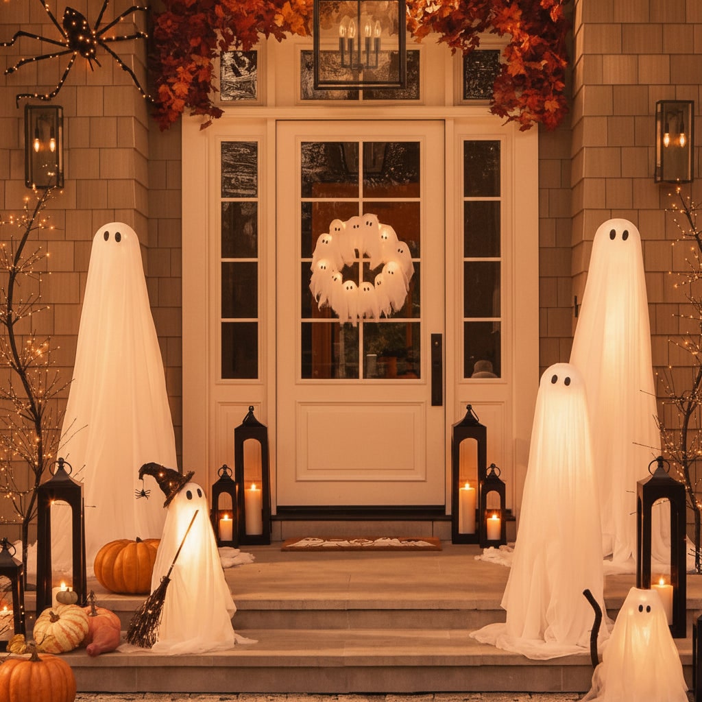 Halloween Ghost Wreath with LED Lights Black Door for Outdoor Decoration and Party - Image 5