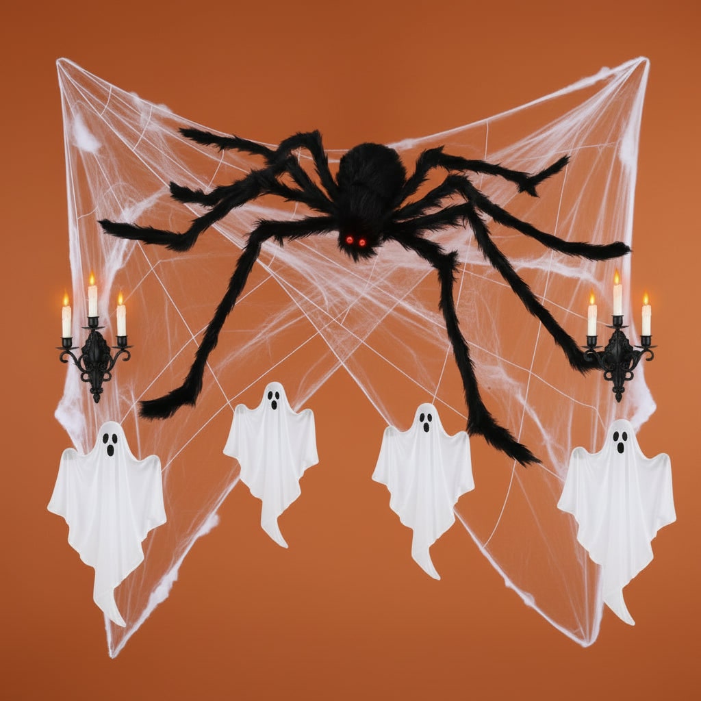 Halloween Giant Spider Decoration with Poseable Legs and Web for Outdoor Yard Party Haunted House - Image 2