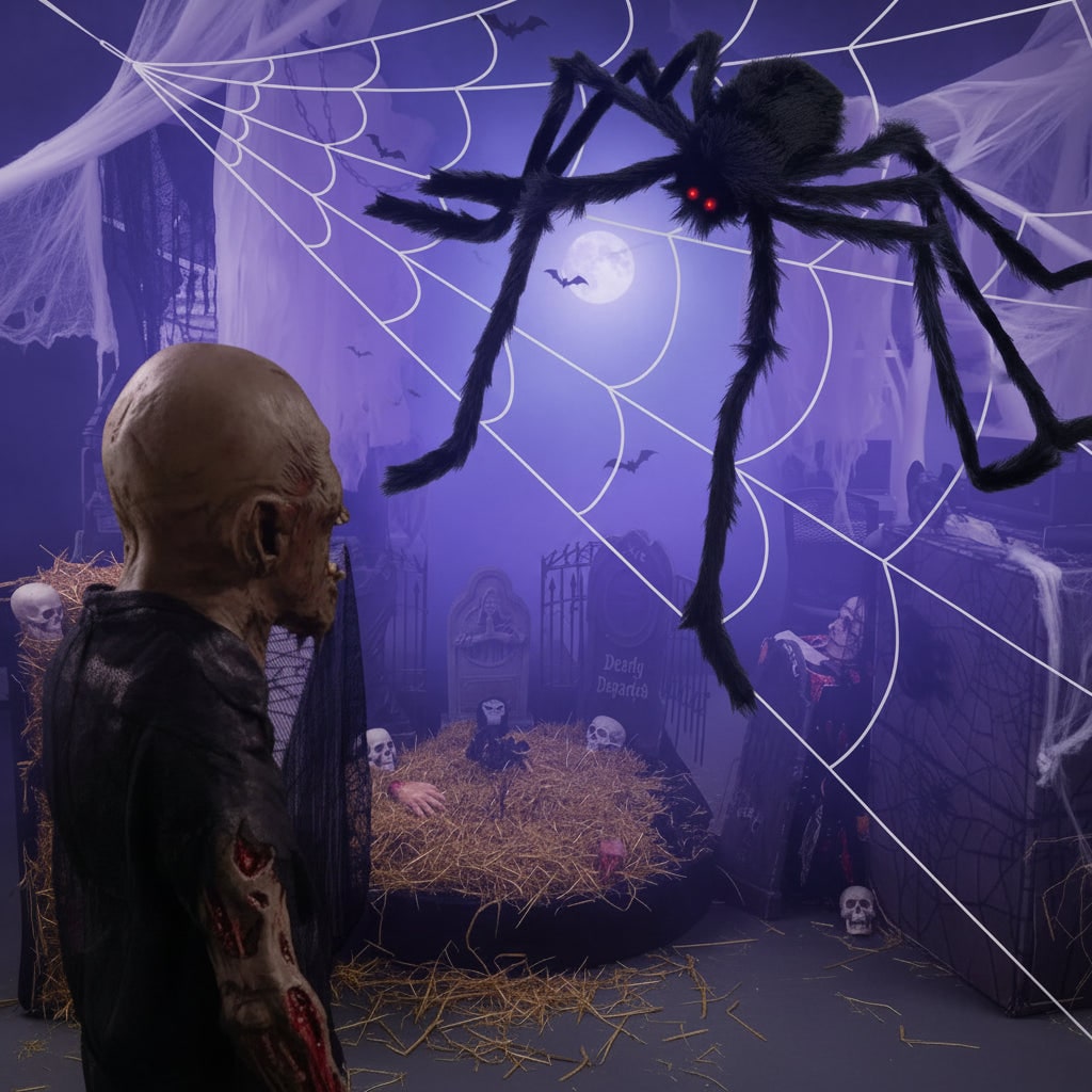 Halloween Giant Spider Decoration with Poseable Legs and Web for Outdoor Yard Party Haunted House - Image 4