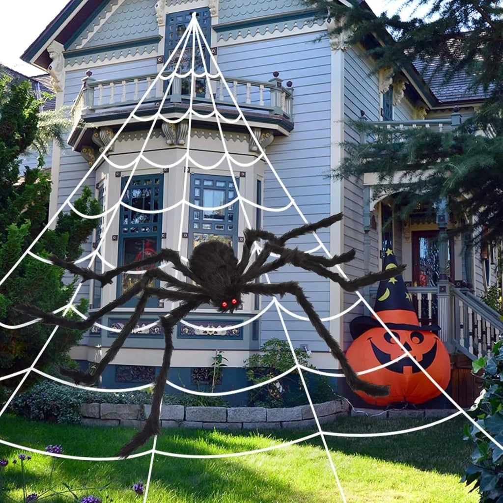 Halloween Giant Spider Web Outdoor Decoration with Poseable Plush and Rope - Image 1