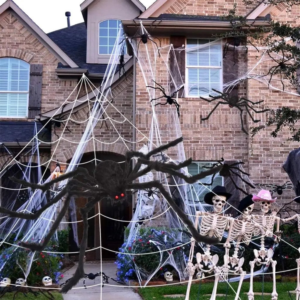 Halloween Giant Spider Web Outdoor Decoration with Poseable Plush and Rope - Image 2