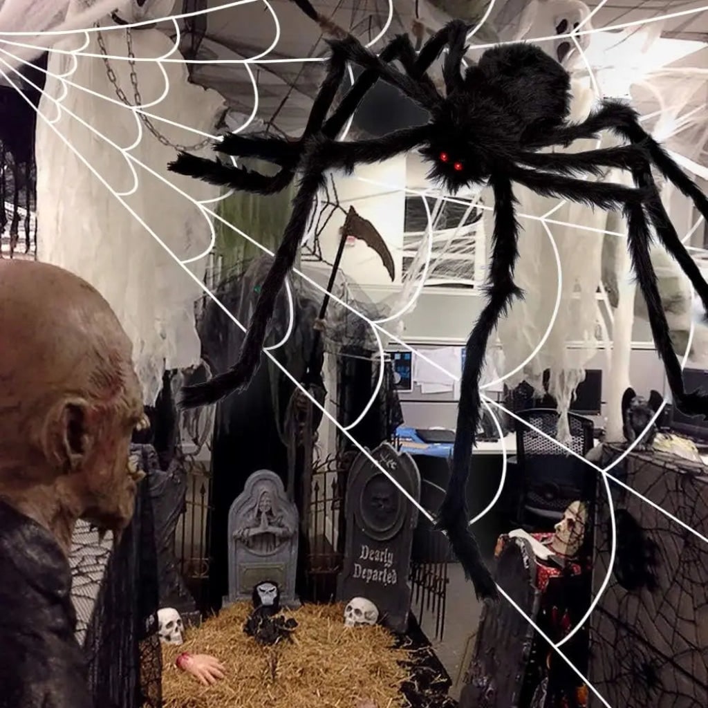 Halloween Giant Spider Web Outdoor Decoration with Poseable Plush and Rope - Image 4